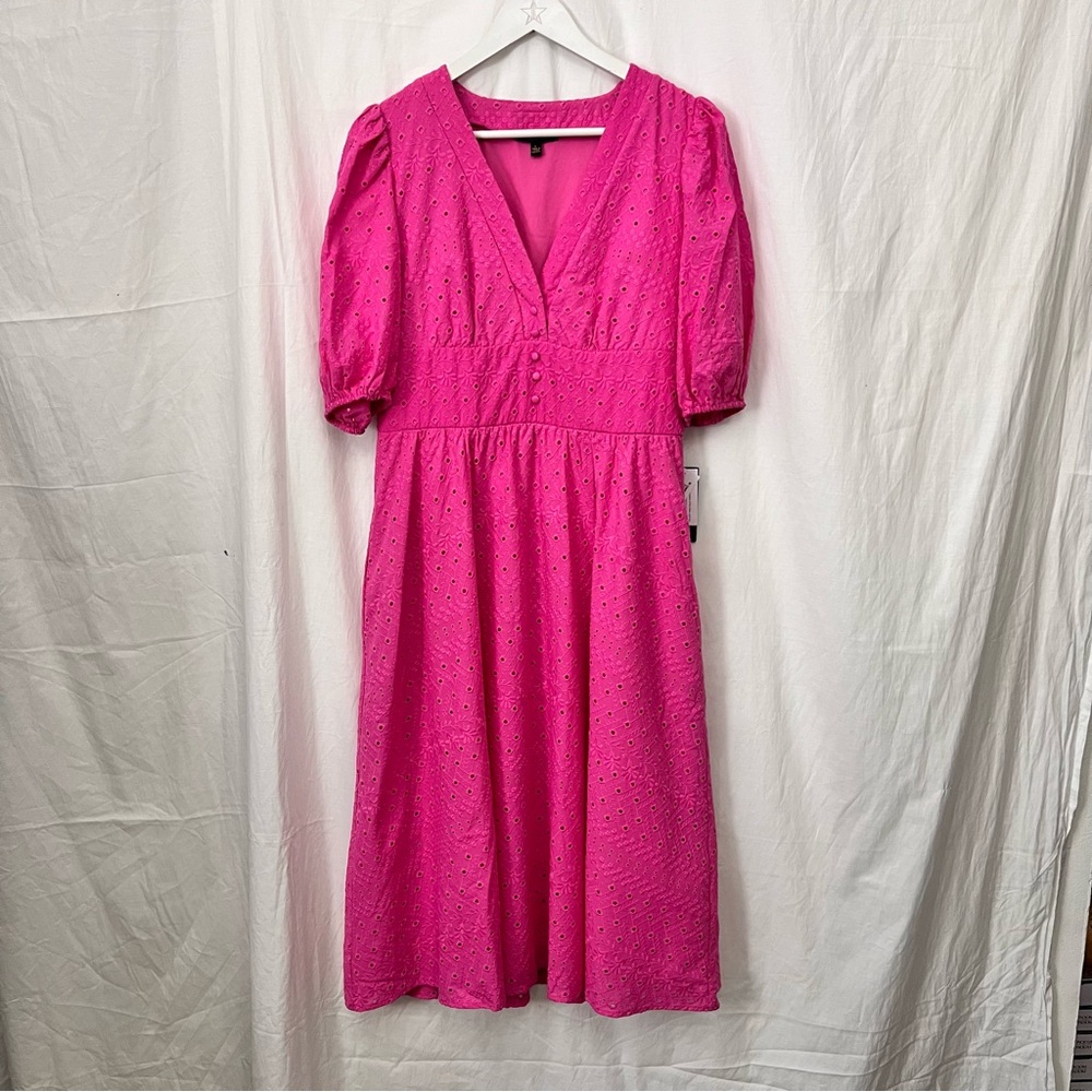 Bohemian Pink Eyelet Midi Summer Party Dress Vacation Resort Cottagecore - Picture 5 of 14